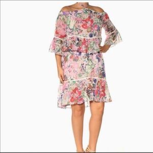 RACHEL ROY OFF THE SHOULDERS FLORAL RUFFLE DRESS